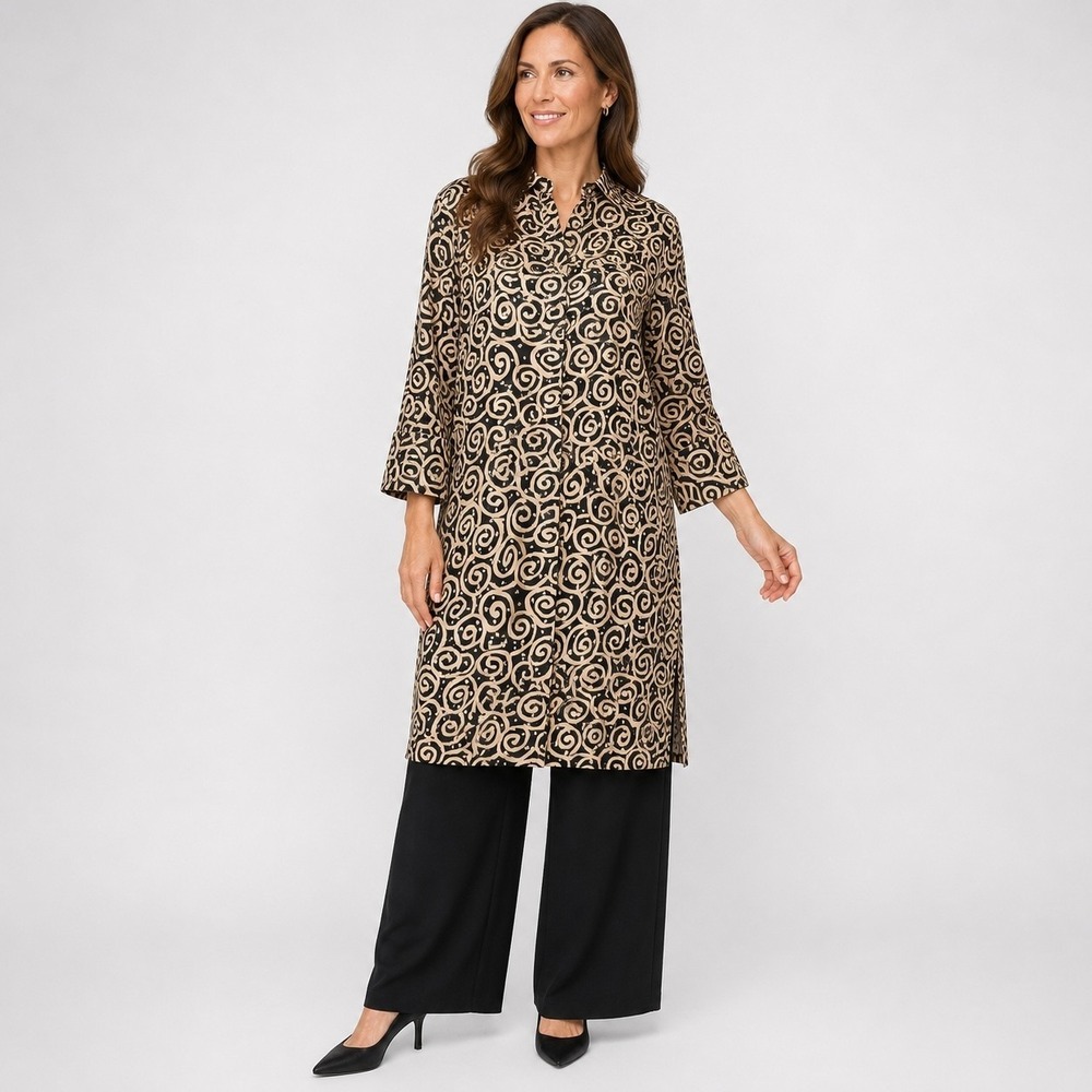 J Peterman 100% Silk Long Tunic Top Womens XL Geometric Swirl Print Side Slit